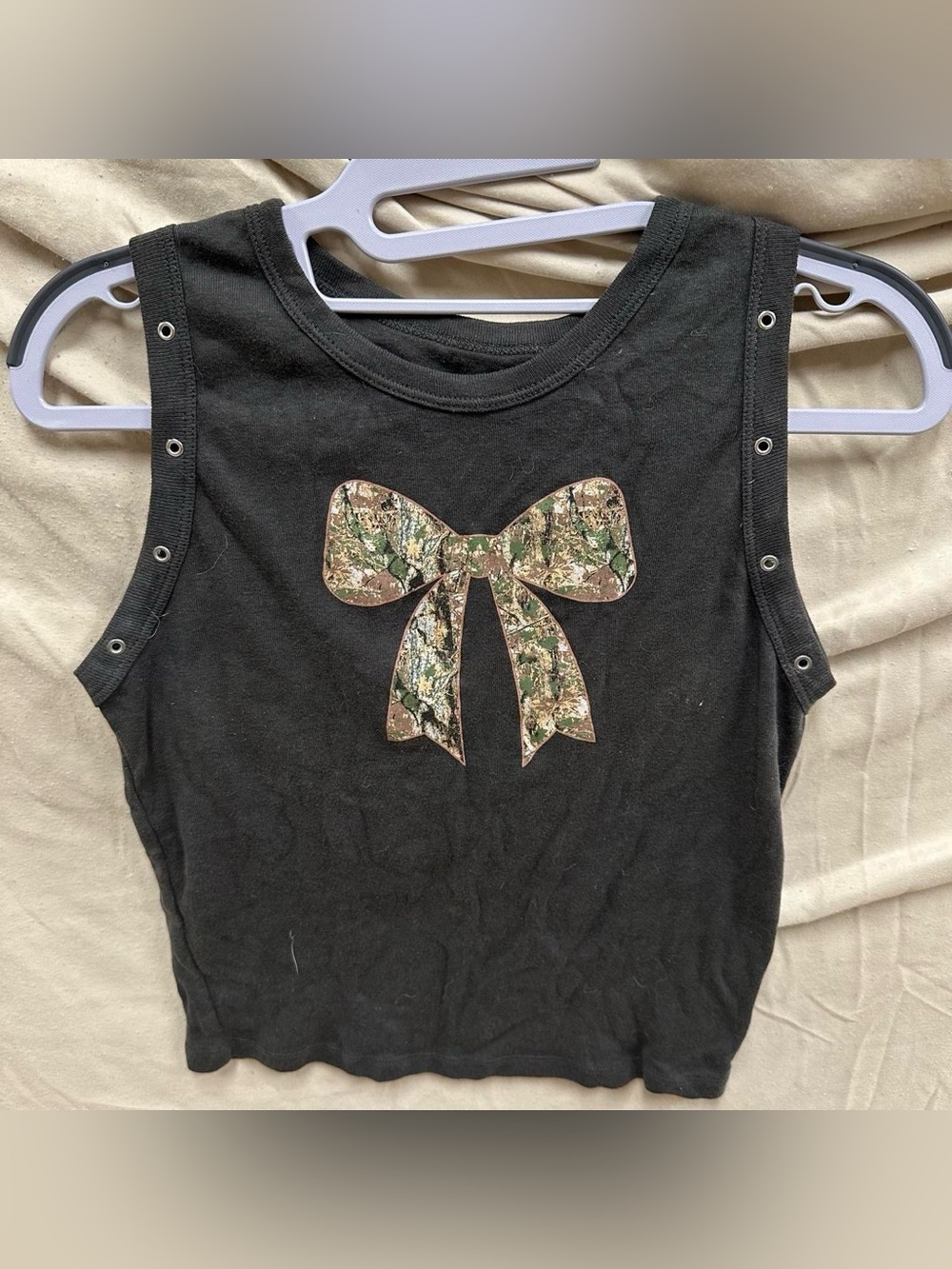 Camouflage print bow grey tank crop top. Adult size medium.